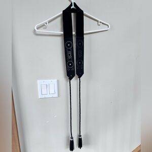 Black Embroidered Belt with Tassels